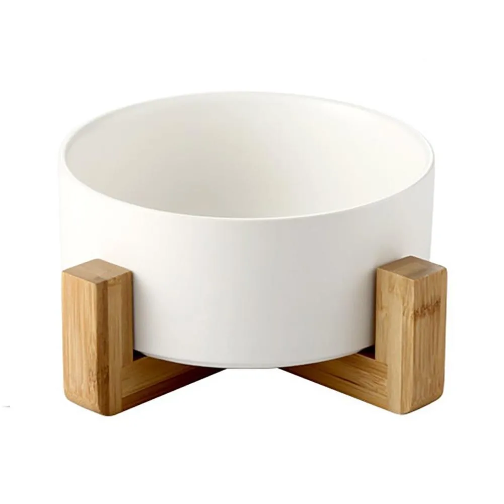 Ceramic Bowl with Wooden Stand in White