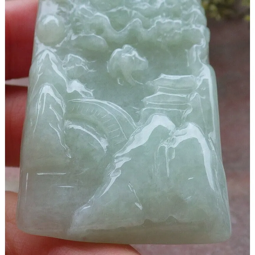 Certified A Jade Jadeite Pendant Heavenly Landscape Painting with Dragon Chasing the Flaming Pearl in the Sky