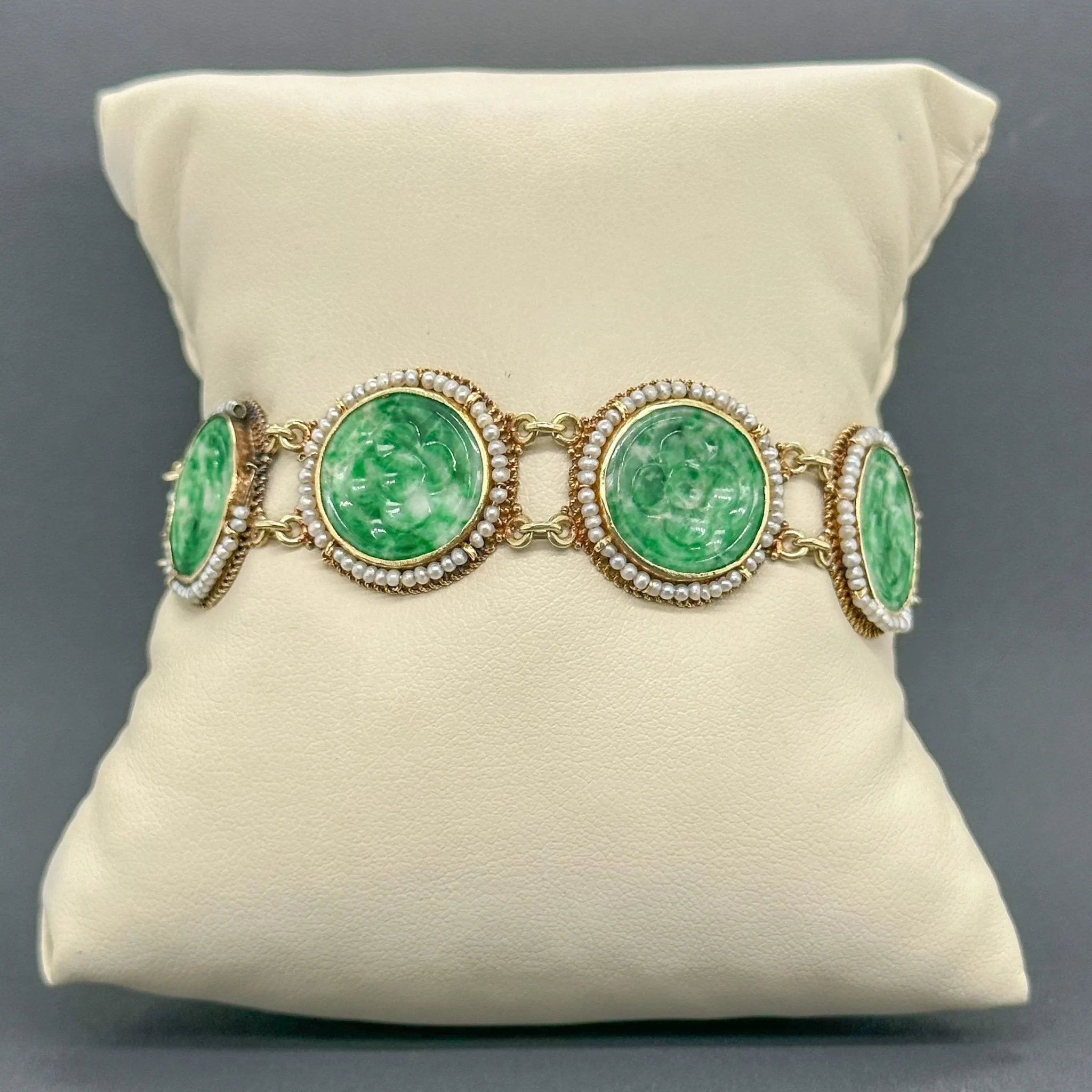 Estate 14K Y Gold 6.75cttw Jade & Seed Pearl Bracelet
