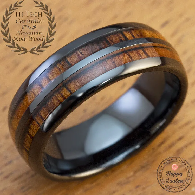 HI-TECH Black Ceramic Ring with Koa Wood Duo Inlay - 8mm, Dome Shape, Comfort Fitment