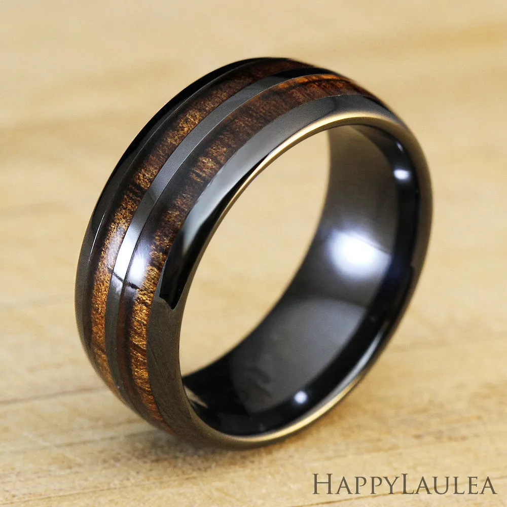 HI-TECH Black Ceramic Ring with Koa Wood Duo Inlay - 8mm, Dome Shape, Comfort Fitment
