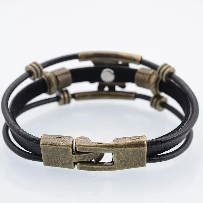 Hot Sale Vintage Flower Design Multilayer Wrap Bracelet Punk Braid Wrist Leather Charm Bracelet for Men Casual Jewelry