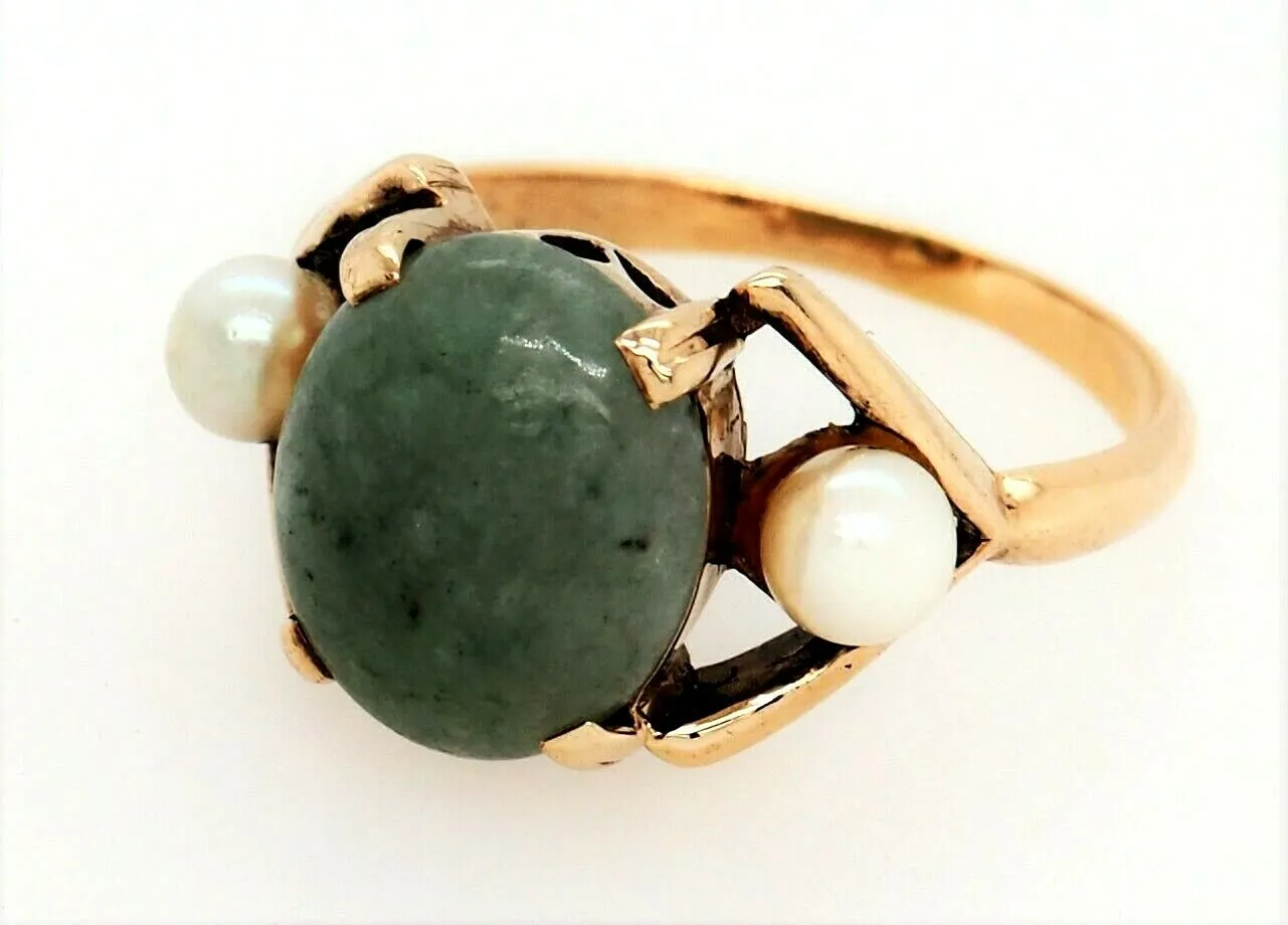Jadeite Jade & Pearl Ring 9ct Yellow Gold Fine Jewellery Band Size O