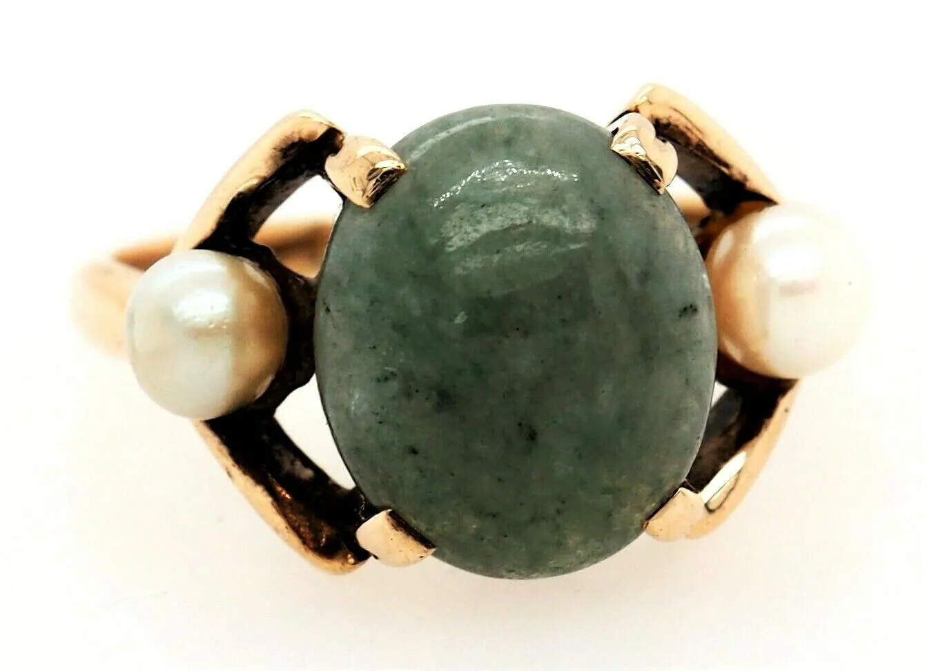 Jadeite Jade & Pearl Ring 9ct Yellow Gold Fine Jewellery Band Size O