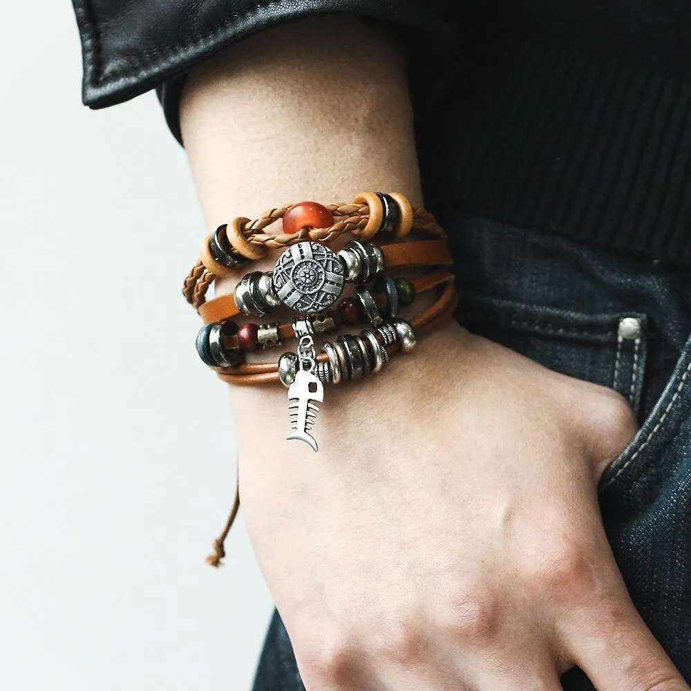 Mens Brown Beaded Charm Wristbands Rope Bracelet Set