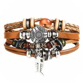 Mens Brown Beaded Charm Wristbands Rope Bracelet Set