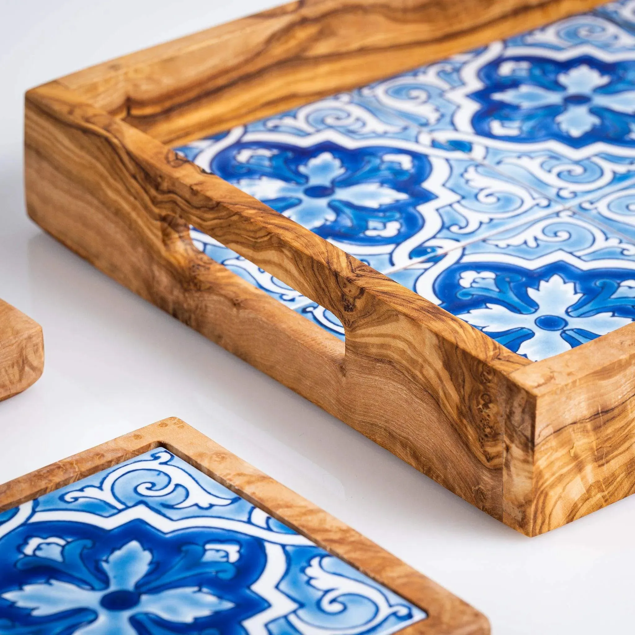 Olive Wood & Ceramic Tray – Handcrafted Serving Tray with Mediterranean Design