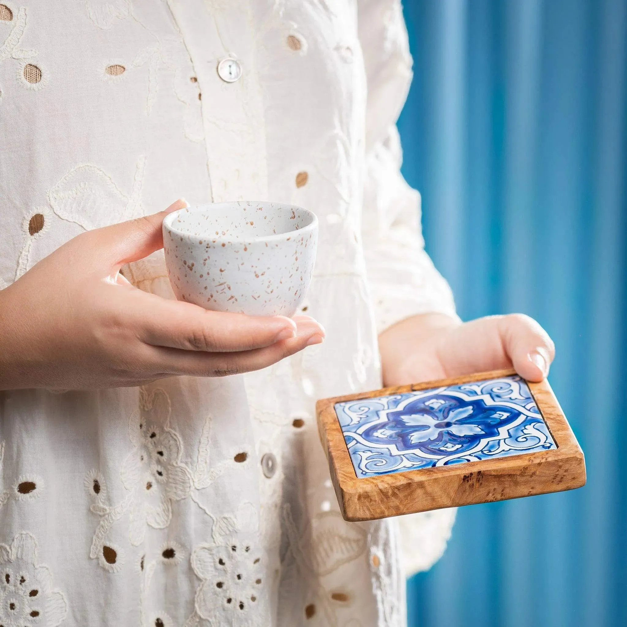 Set of Olive Wood & Ceramic Coasters – Handcrafted Mediterranean Design