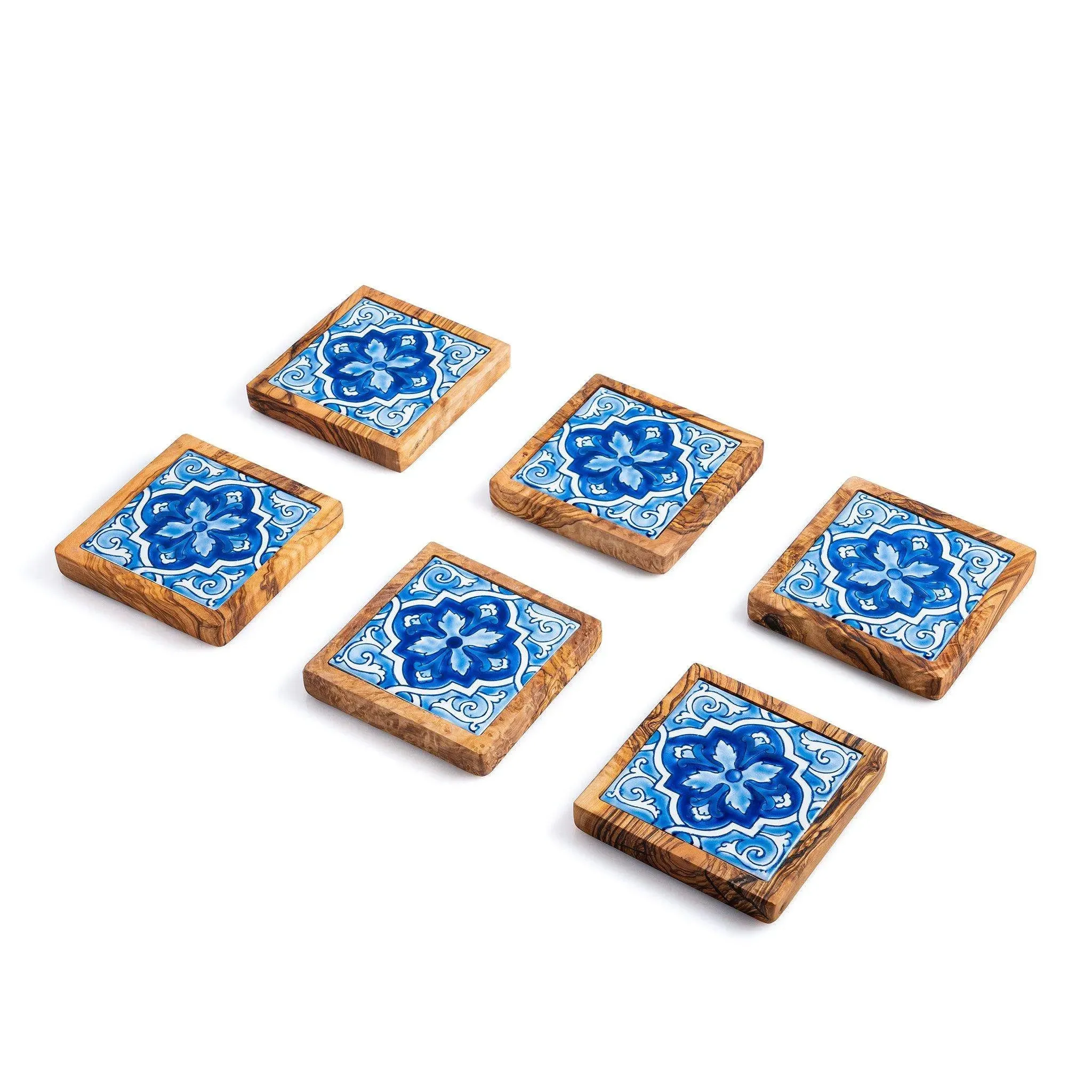 Set of Olive Wood & Ceramic Coasters – Handcrafted Mediterranean Design