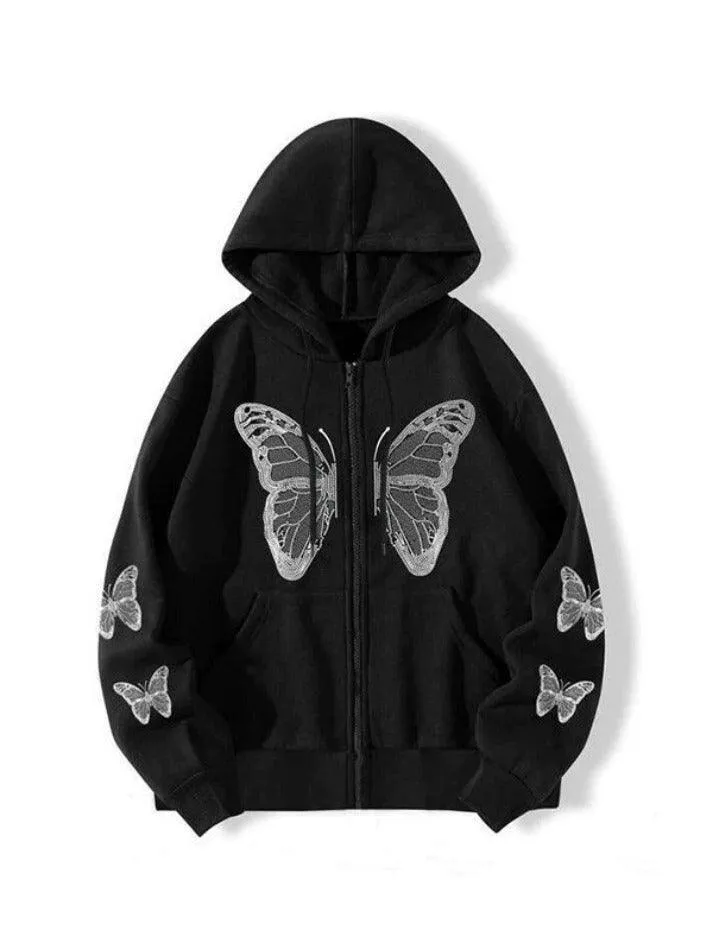 Wenkouban-Spring Casual Outfits Y2K Outfits Y2K Butterfly Oversized Zip Up Hoodie
