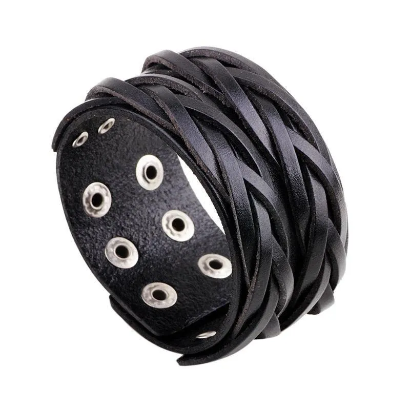 Wide Cuff Punk Bracelets Vintage 3 Layers Black Brown