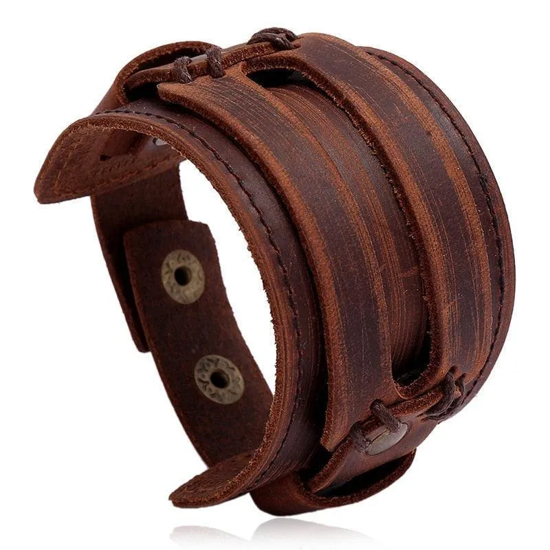Wide Cuff Punk Bracelets Vintage 3 Layers Black Brown